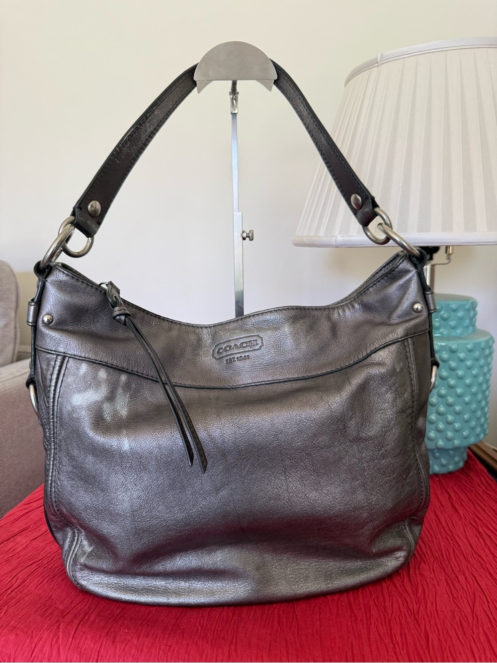 Coach Zoe Metallic Gunmetal Leather Shoulder Bag